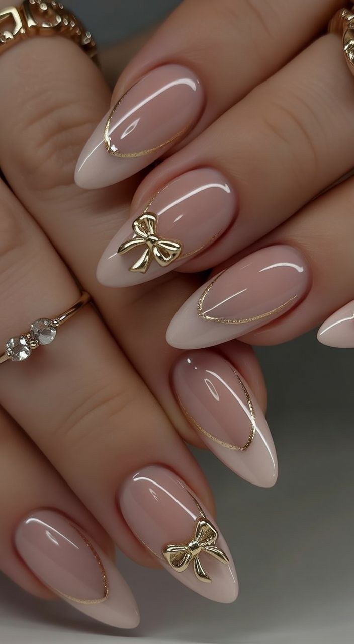 Maniküre in Nude mit goldenen Schleifchen-Charms